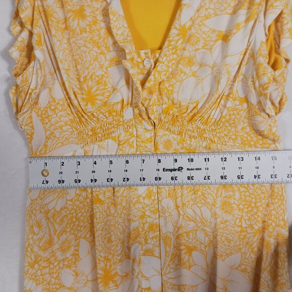 Taylor, Yellow & White Floral Midi Dress, Med., Lined, Ruffled Neck & Sleeve - Picture 12 of 13